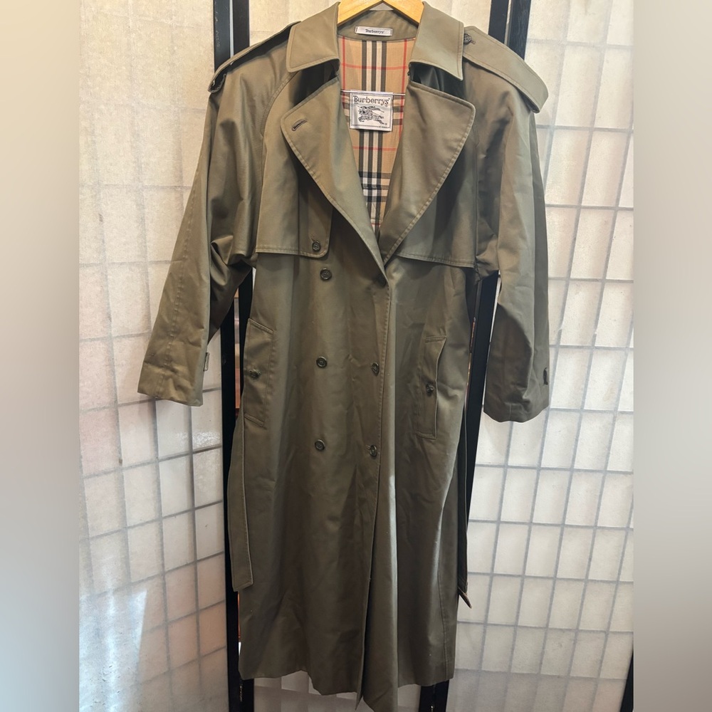 BURBERRYS’ Vintage 80’s Shirley Double Breasted Olive Trench Coat, Nova Check